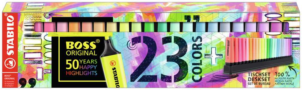 Cartoleria Evidenziatore - STABILO BOSS ORIGINAL Desk-Set 50 Years Edition - 23 Colori assortiti 9 Neon + 14 Pastel STABILO