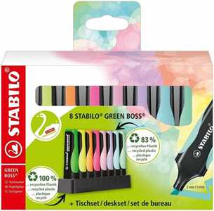 Cartoleria Evidenziatore Ecosostenibile - STABILO GREEN BOSS Pastel Desk-Set - 8 Colori assortiti 4 Neon + 4 Pastel STABILO