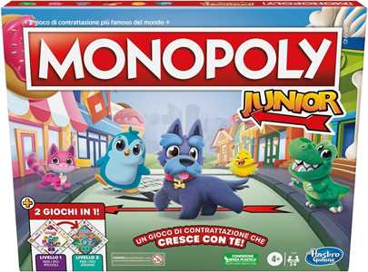 Giocattolo Monopoly Junior gioco da tavolo, tabellone fronte-retro, 2 giochi in 1, gioco Monopoly per bambini e bambine più piccoli Hasbro Gaming